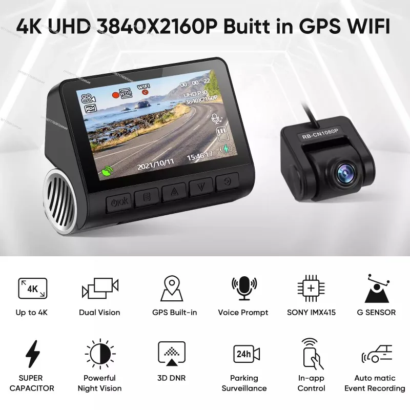 

V55 dashcam 4k with gps Dual lens dash camera car dvr 4k wifi with app front and rear dual 2 channel 4k dash cam