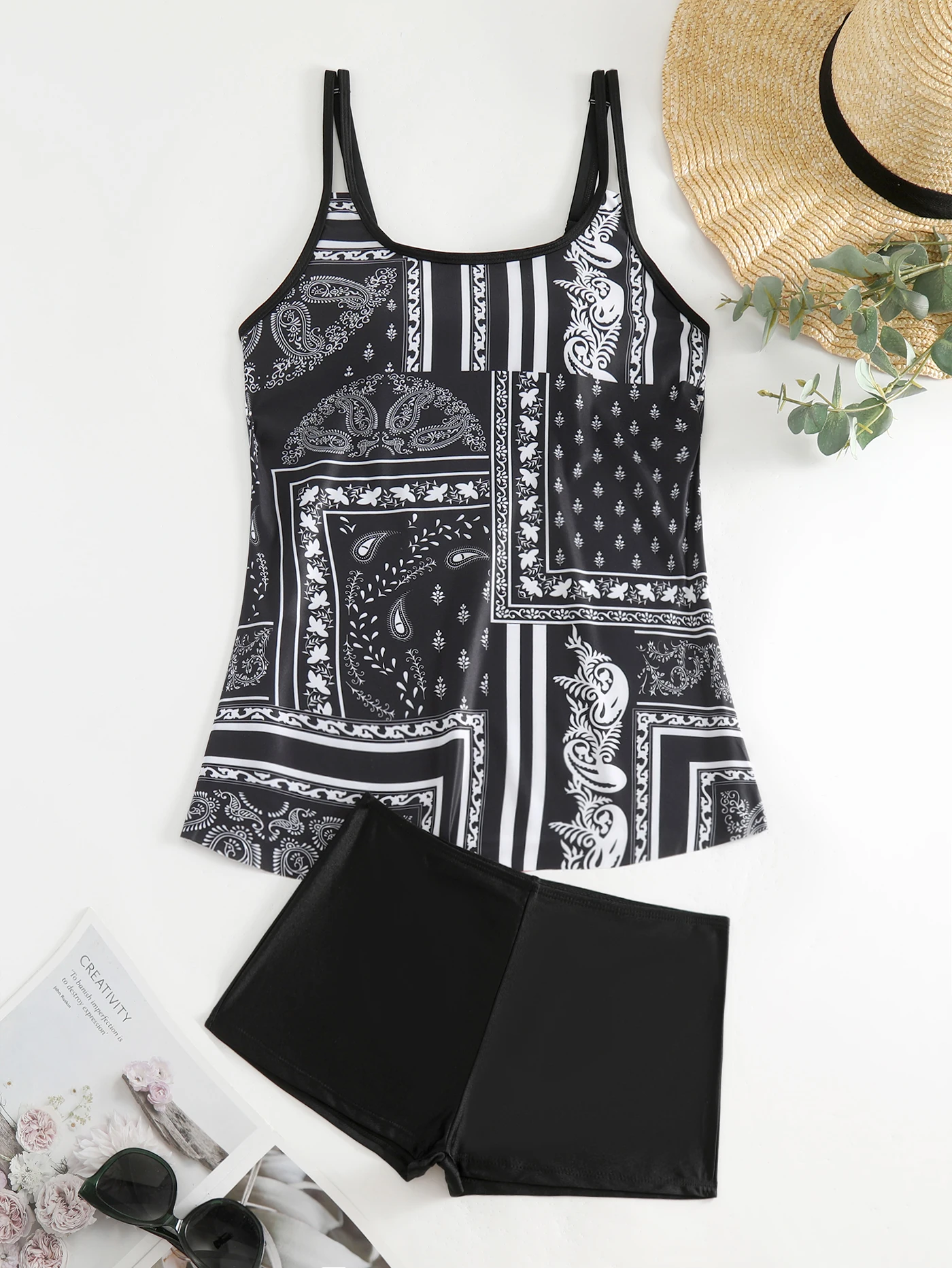 

Женский комплект танкини с тропическим принтом — эластичный, непрозрачный купальник с шортами с высокой талией, бикини, летняя пляжная одежда