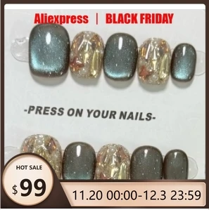 

10 шт./1 коробка, короткие насадки для ногтей ручной работы темно-зеленого цвета с бриллиантами «кошачий глаз», подходят как подарки для девочек или друзей