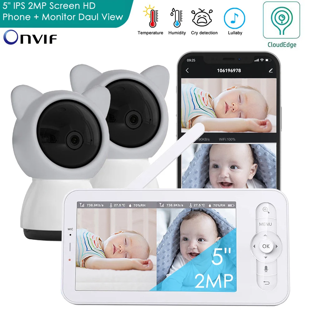 5 Inch Wireles Baby Monitor Dual Camera Babyphone Onvif Security Video Bebe Nanny VOX Night PTZ Lullabies Temperature Humidity