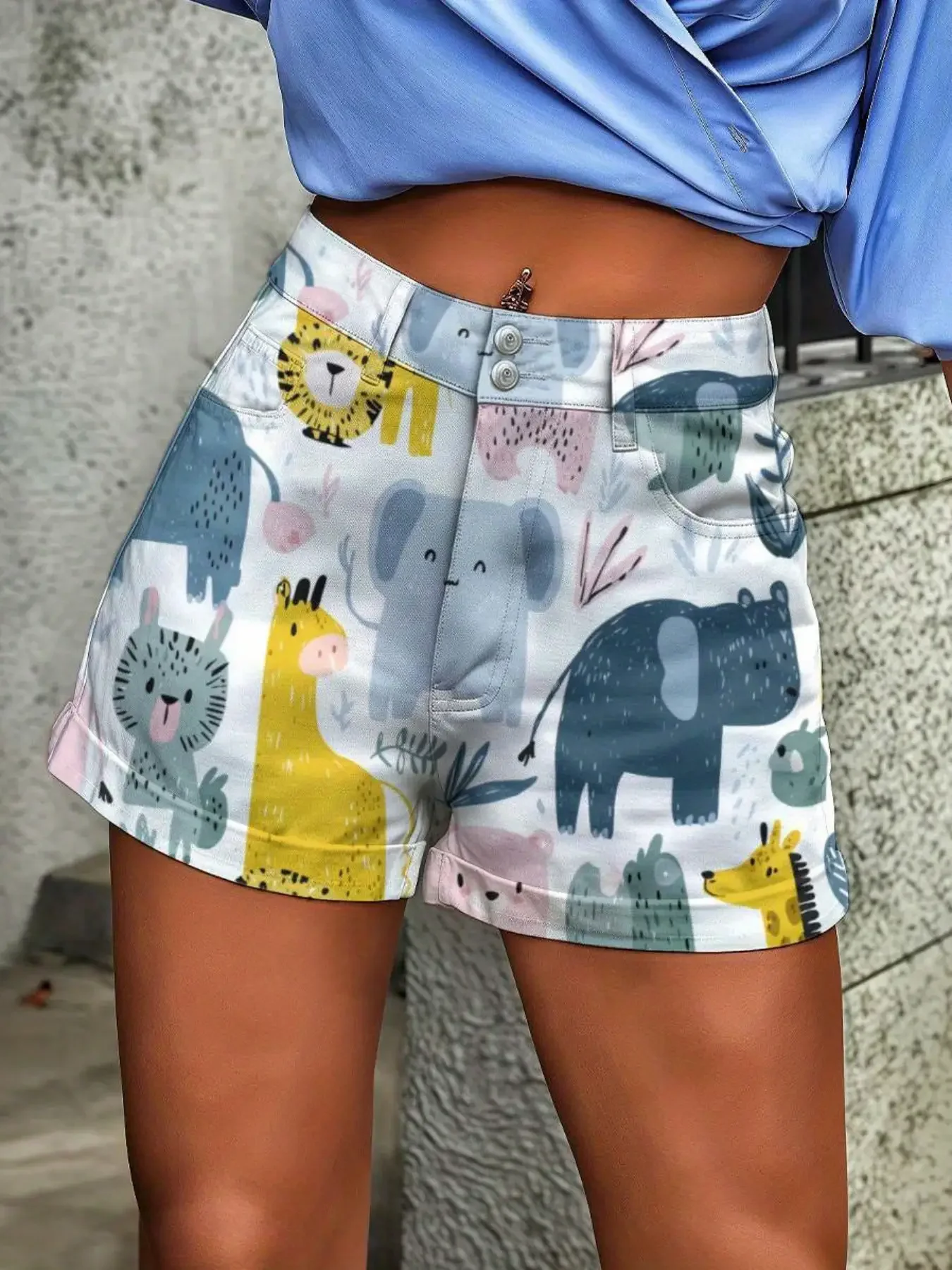 

New women's retro tropical floral graffiti imitation denim shorts - Creative denim print pattern design.