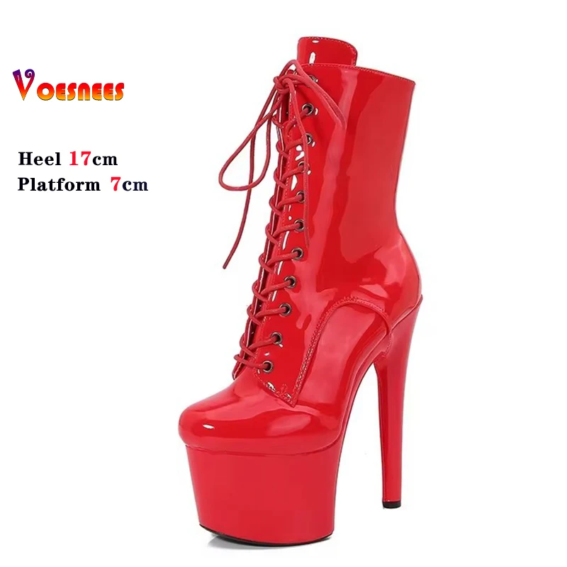 

Красные женские ботинки 17 см/6 дюймов, пикантные модные подиумные рыцарские ботинки, экзотические ботинки из искусственной кожи на высоком каблуке и платформе, вечерние ботинки, обувь для танцев на пилоне