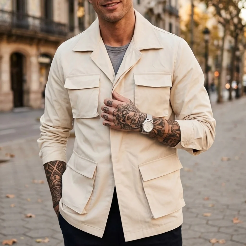Spring/Summer Men's Workwear Jacket Multi-Pocket Button-Up Thin Jacket Outdoor Streetwear Men's Safari Top Jackets Male Clothing