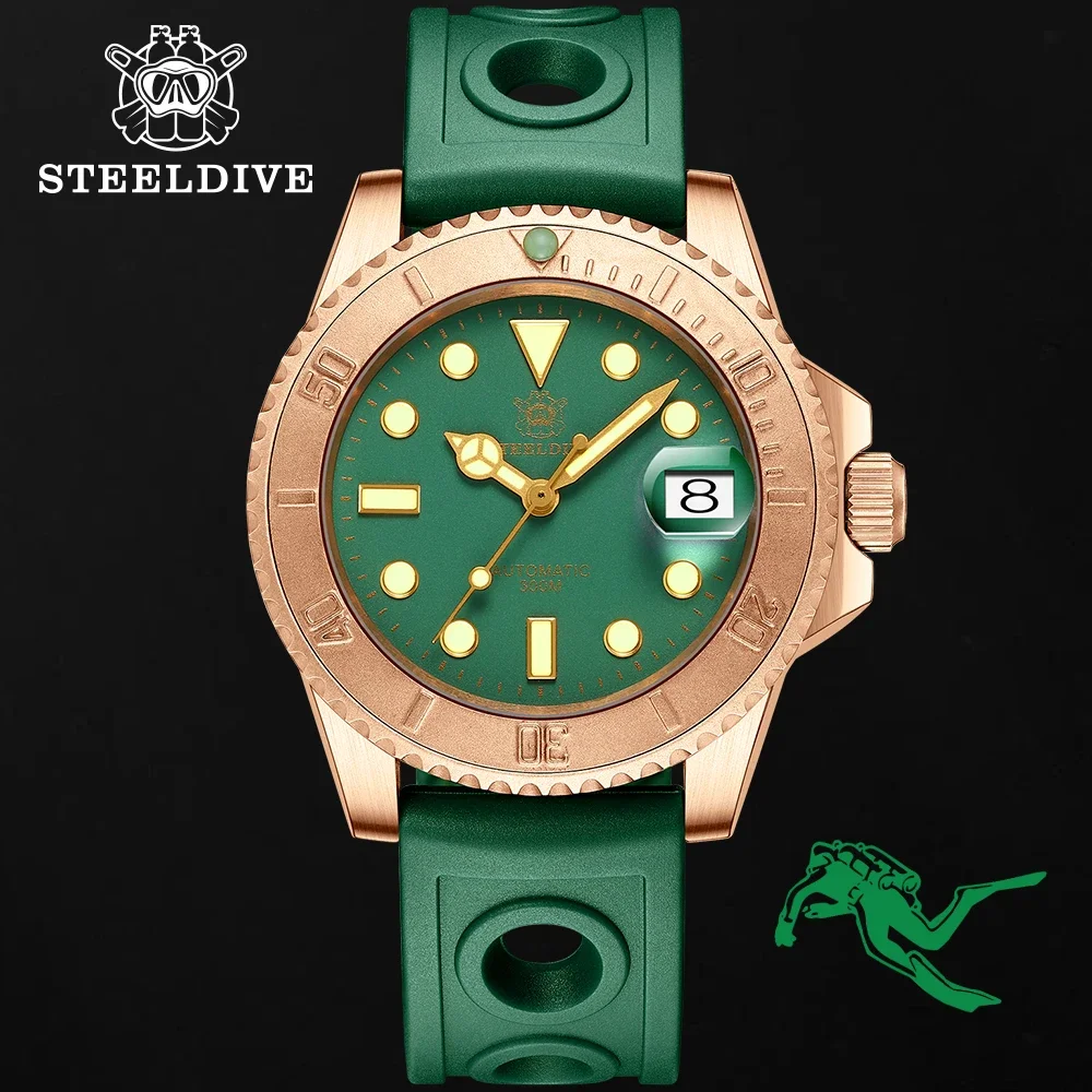 STEELDIVE SD1953S Men's Bronze Wristwatch NH35 SuperGreen Luminous Green Dial 300m Waterproof Classic Retro Diving Watch