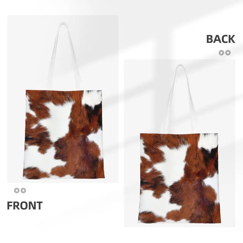 Spotted Brown Farm Animal Skin Grocery Tote Shopping Bags Cow Fur Cowhide Texture Printing Canvas Shoulder Shopper Bag Handbags