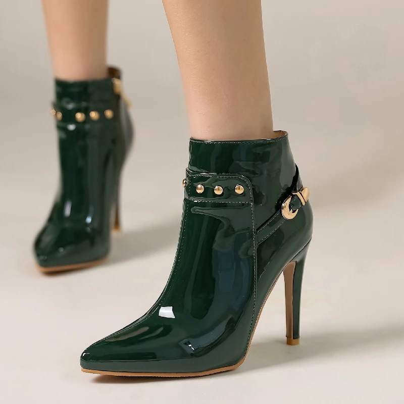 Fashion Women\'s Ankle Boots Patent Black Green Short Boot Point Waterproof High Heels Party Dance Shoes Female Large Size 45 50