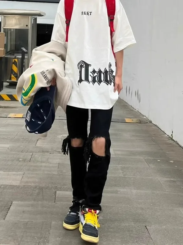 

Ретро-джинсы в американском стиле с дырками, унисекс, повседневные, прямого кроя, длинные брюки, летние, молодежные, модные, свободного кроя