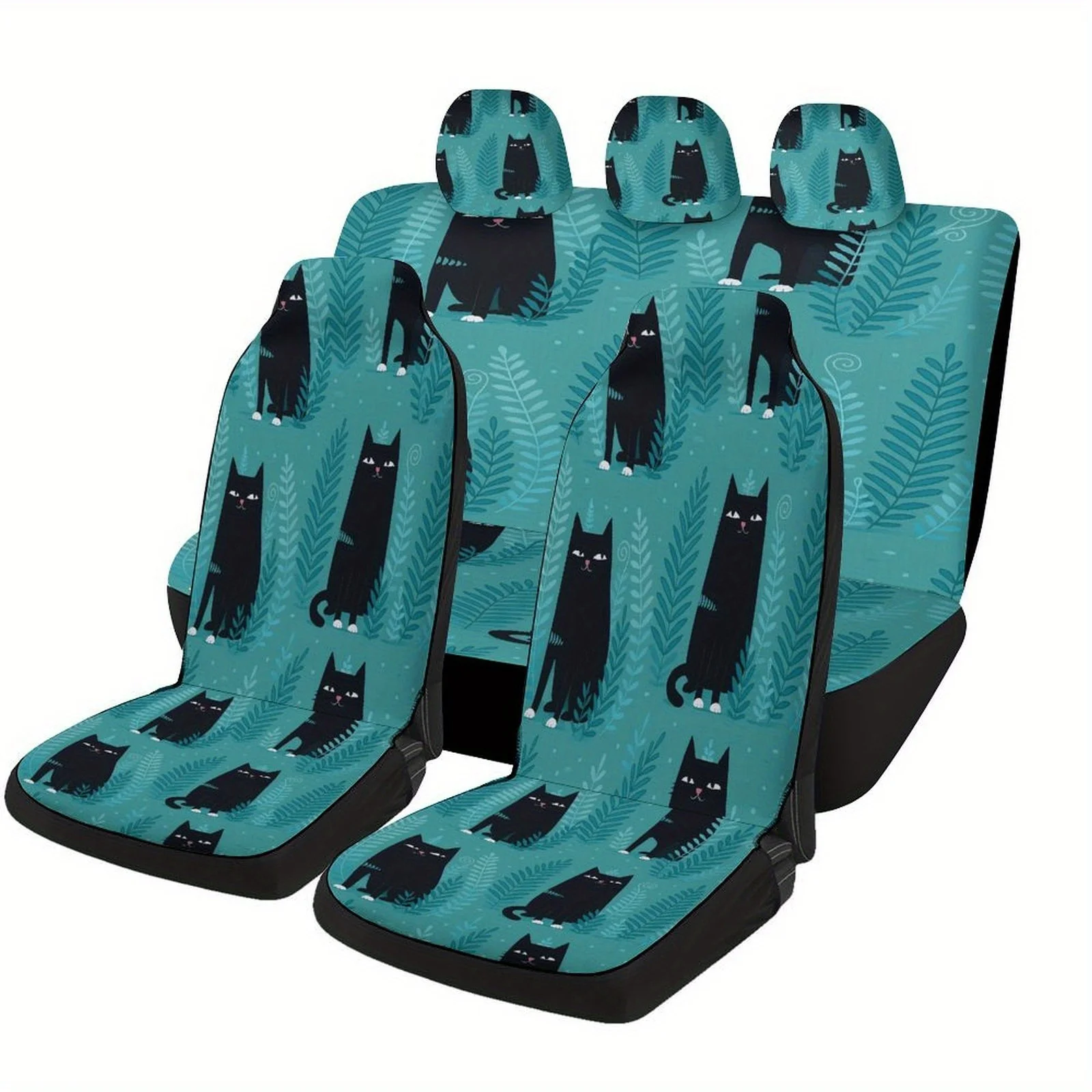 

Black Cats In Ferns Designed Car Seat Covers Set For Most Cars, Trendy Novelty Decorative Car Seat Protector Covers Full Set, Un