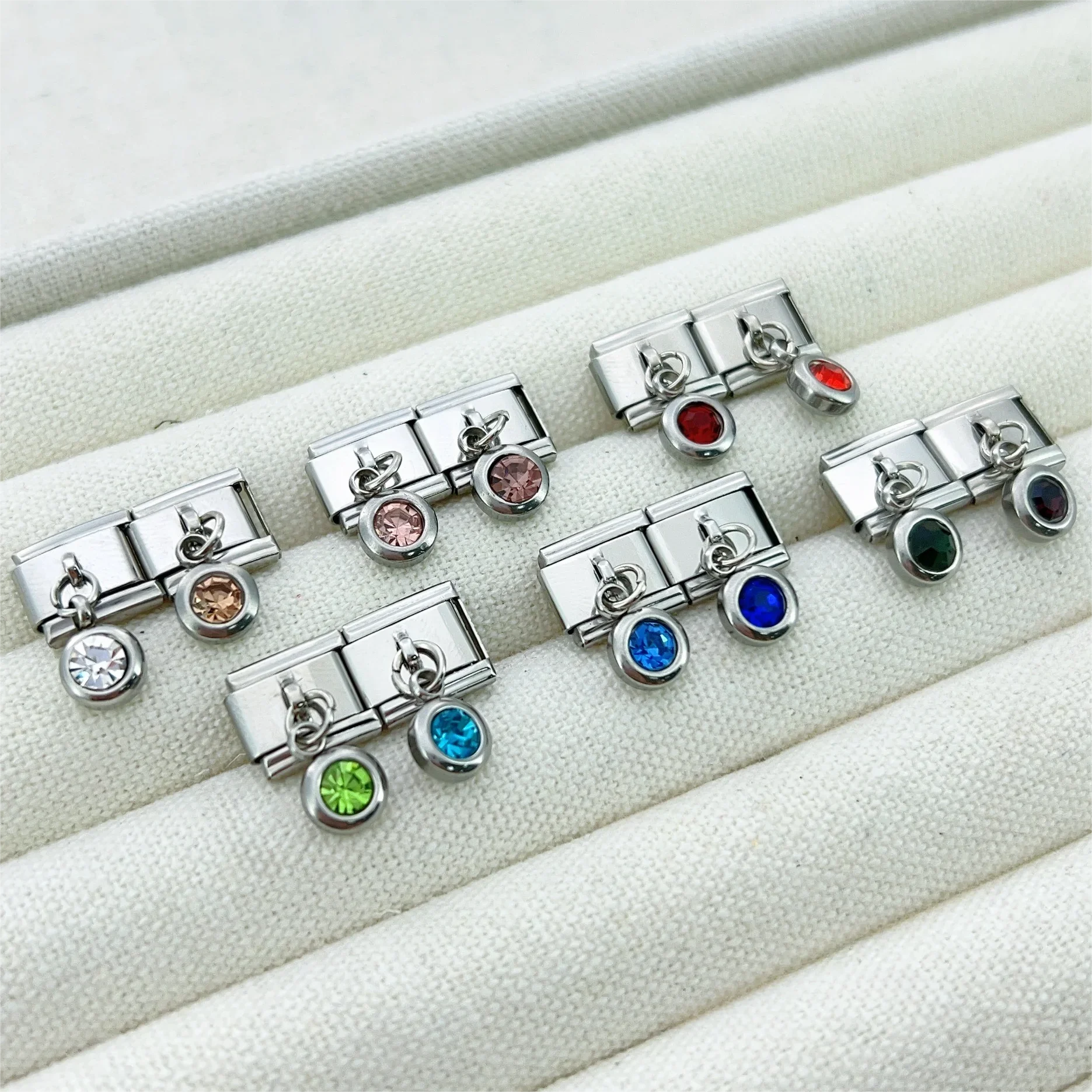 2025 Women Fashion Twelve Month Zircon Italian Charms Links Modular Fit 9mm Stainless Steel Elastic Bracelet DIY Making Jewelry