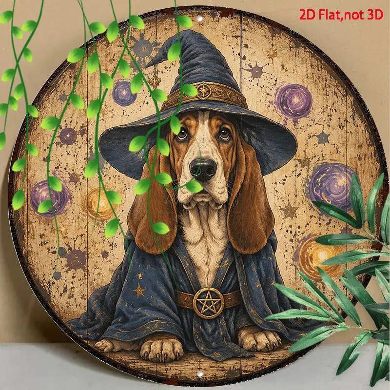 2D Flat, 1pc 2D Flat Printed Wooden Fun Decorative Sign, Blue Wizard Hat Basset Hound with Shawl, Round Wood with Magic Ball Sta
