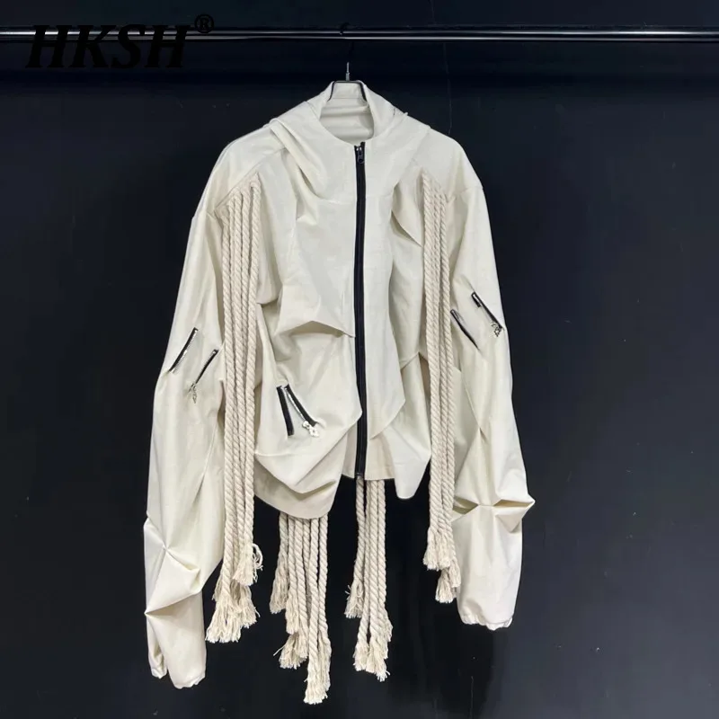 HKSH Autumn New Men's Tide Retro Trendy Hooded Ribbon Jacket High Sense Suitable Couples Pleats Fashion Chic Coat Elegant HK2969