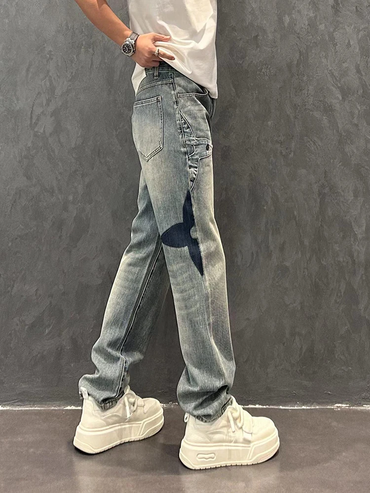 

Осенние мужские джинсы премиум-класса с принтом, синие, широкие, прямого кроя, свободные, в европейском стиле, роскошные, модные, длинные брюки