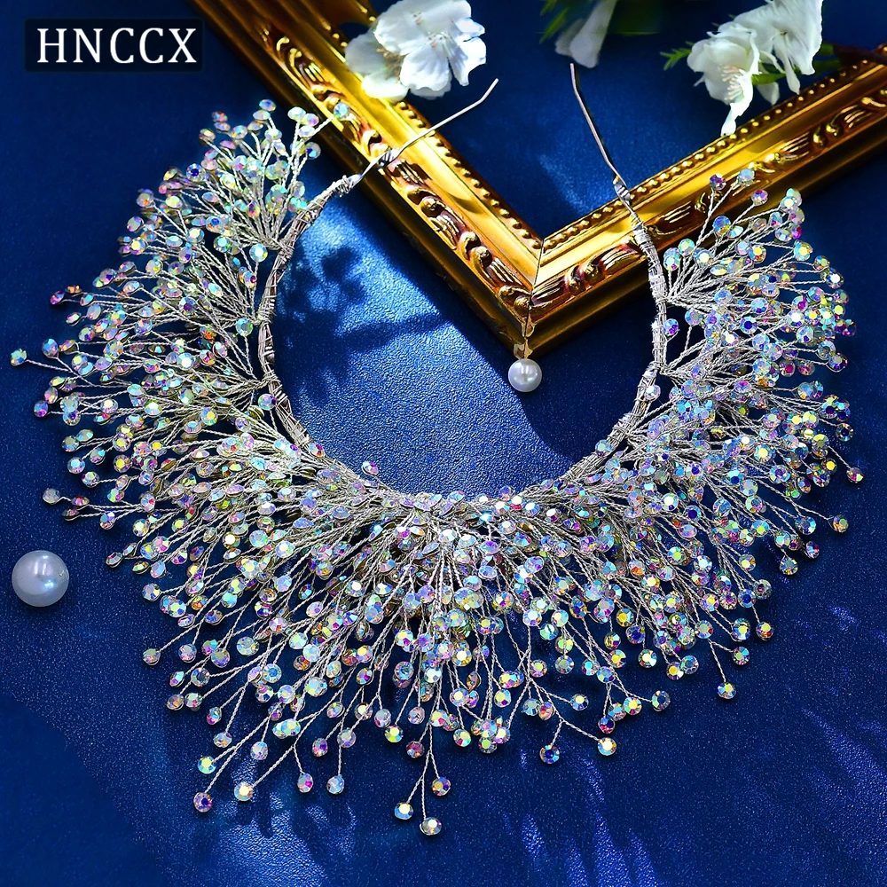 HNCCX Crown Headband Earring Suite Wedding Luxury Crowns for Brides Fashion Women Colorful Rhinestone Hair Accessories CP193