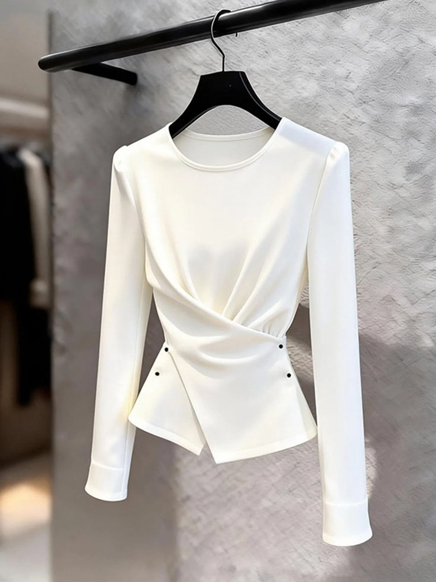 

Ele Pure Color Long Sve Base Tee Slimming Waist Design Versatile Comfortable Fit Korean Sle Silk Top for Women