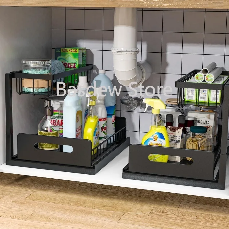 Pull Out Cabinet Organizer，Under Sink Organizer 2-Tier Slide Out Sliding Shelf Under Cabinet Storage Multi-Use ，2 Pack