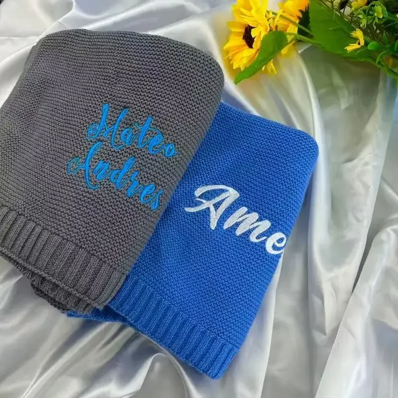 Customized Soft 100% Cotton Knitted Baby Blanket Unique Stroller Blanket with Any Name Ideal Newborn Gift Baby Baptism Present