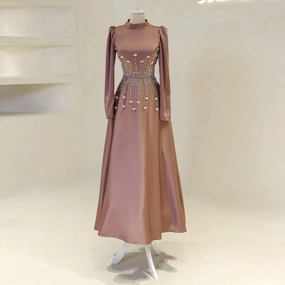 

Customized Satin Evening Dresses Beaded A Line Islamic Abiye Prom Dress Ankle Length High Neck Long Sleeve Muslim Formal Gown