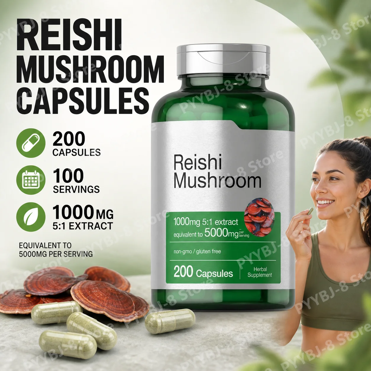 Reishi Mushroom Extract Capsules 200 Count Non‑GMO Gluten‑Free Herbal Adaptogen Supplement Daily Wellness Support for Men Women