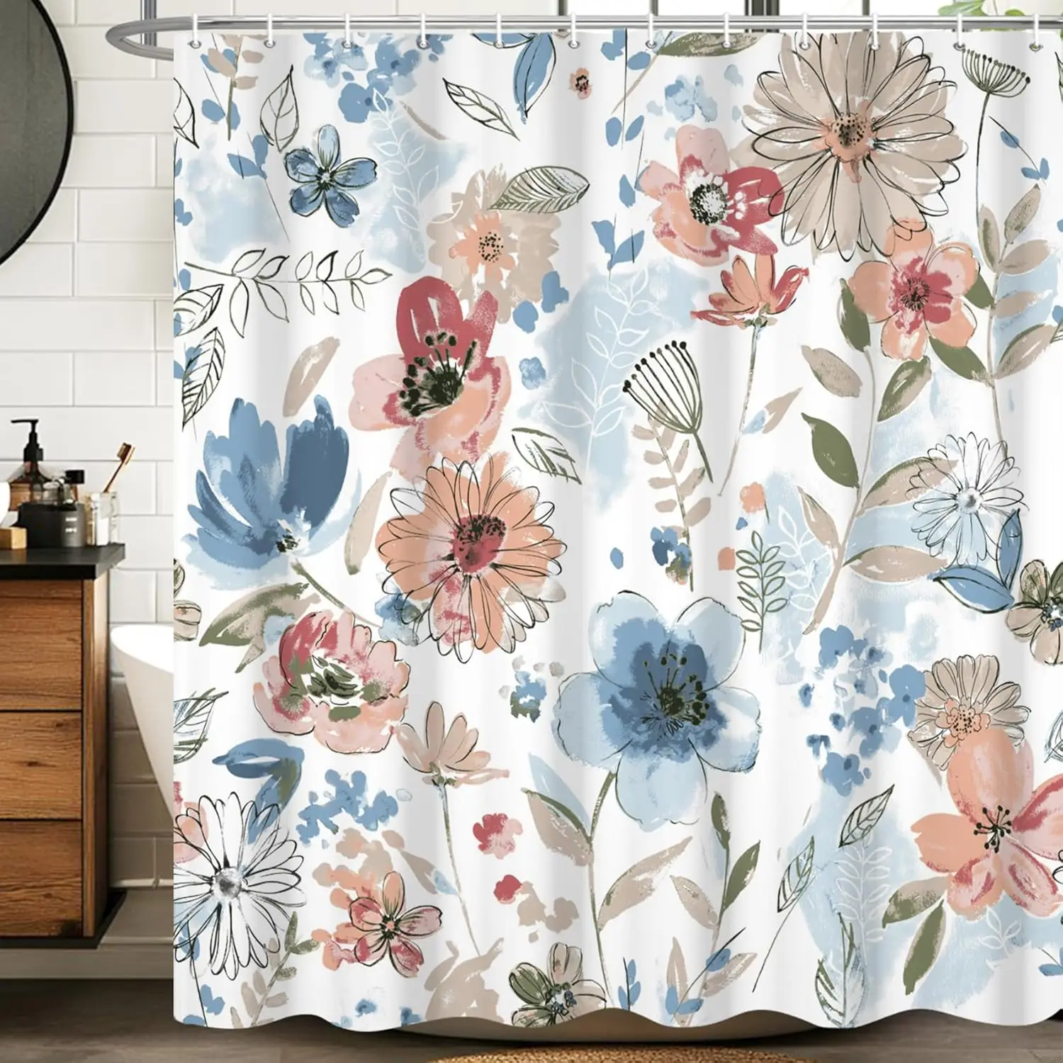 

Водонепроницаемая декоративная занавеска для душа с акварельным цветочным букетом из синих и розовых цветов для декора ванной комнаты в стиле фермерского дома