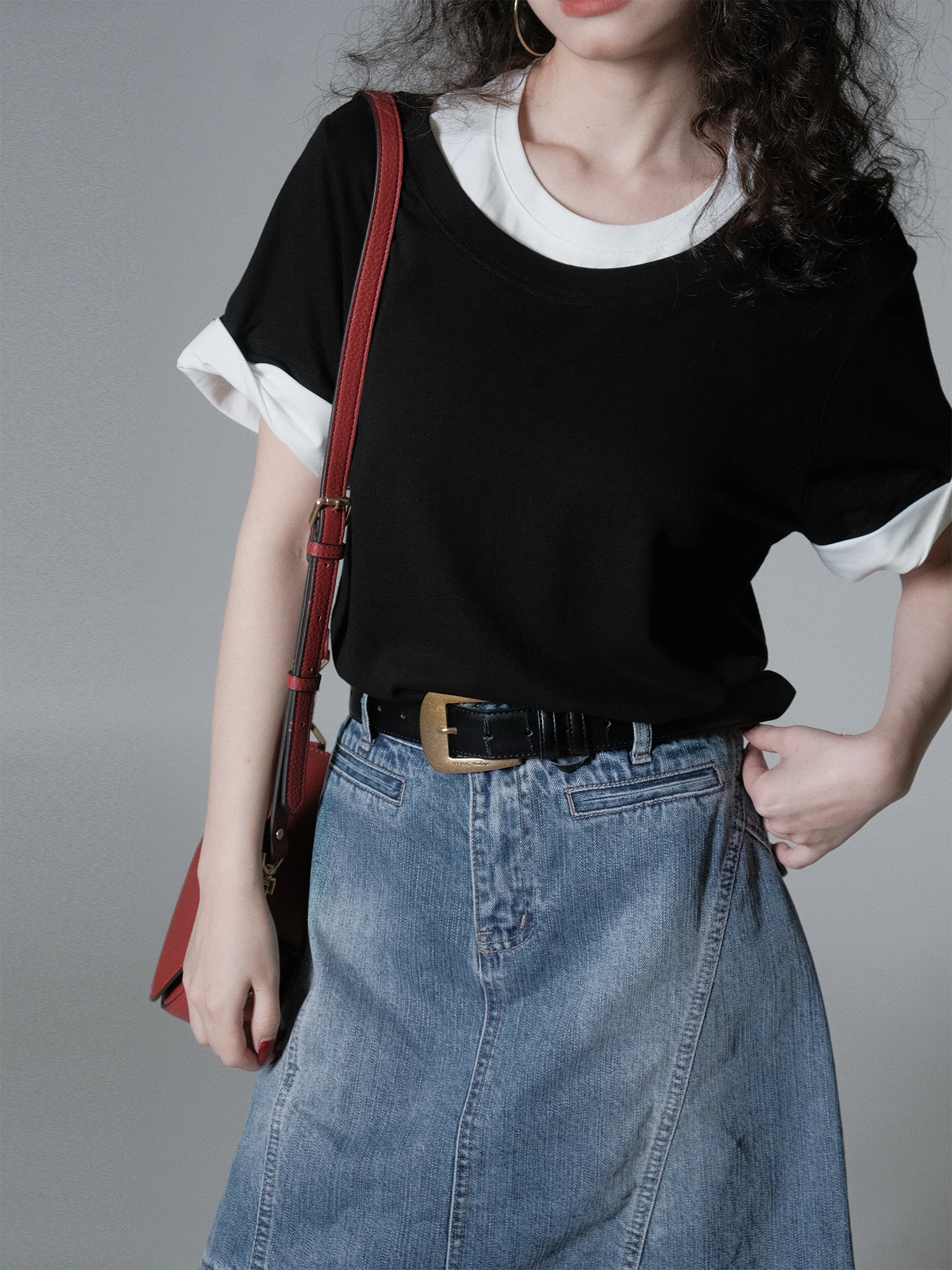 

IVY YANG Casual Style Short Sleeve T-Shirt Women's Summer Vintage Color Block Cuff Casual Versatile Cotton round Neck Top