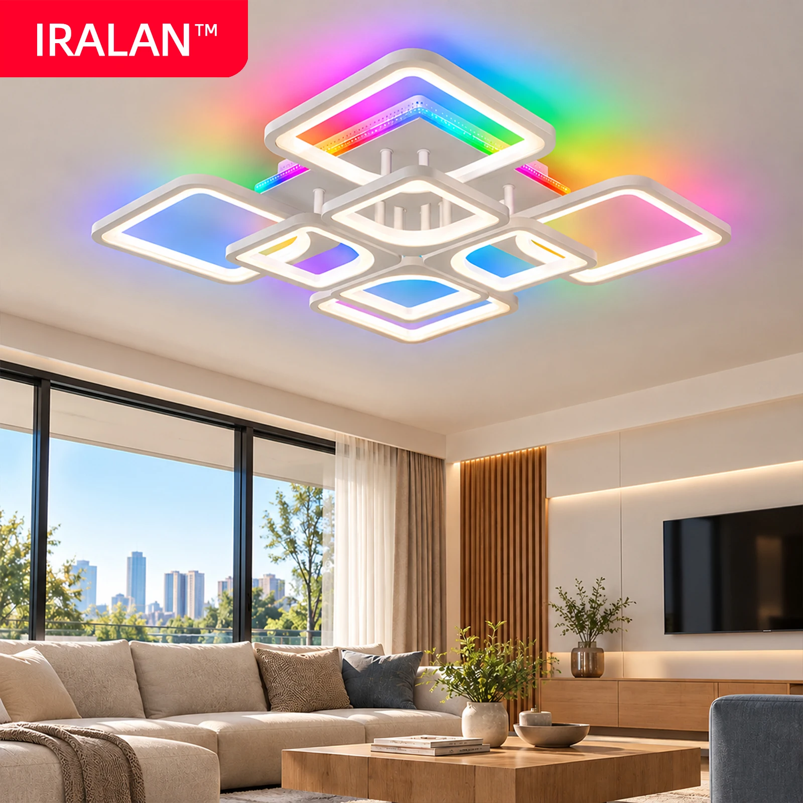 Lampa sufitowa LED IRALAN, kwadratowy inteligentny żyrandol z pilotem, ściemnianie, podświetlenie RGB, nowoczesny żyrandol do dekoracji wnętrz, lampa sufitowa.