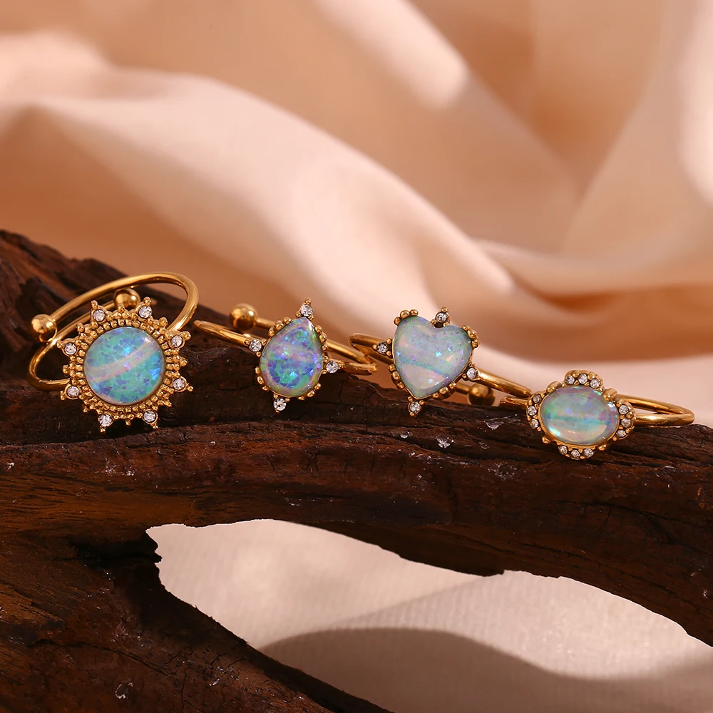 Adjustable Circle Heart Sun Waterdrop Natural Opal Stone Rings For Woman Stainless Steel PVD Plating Waterproof Gemstone Ring