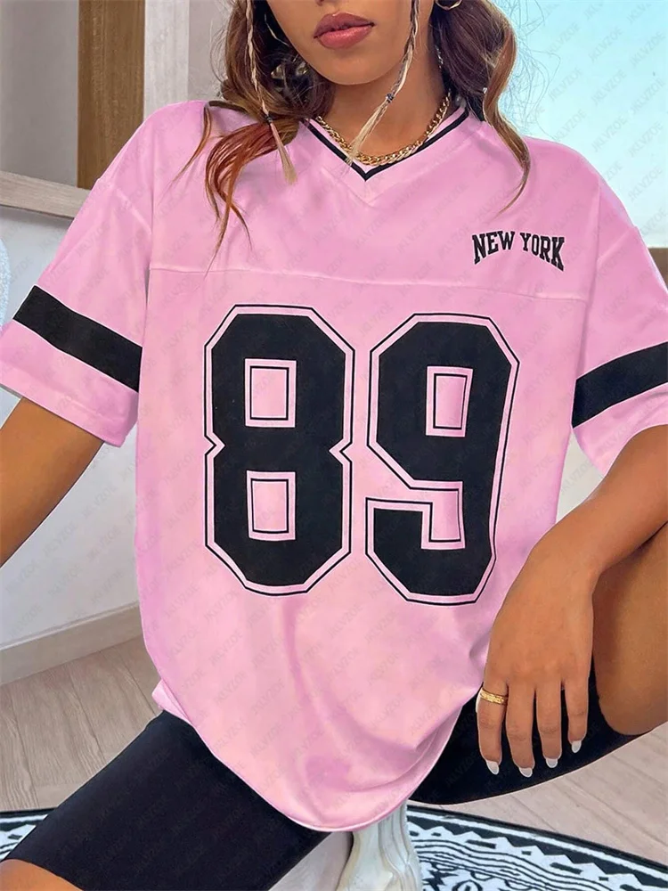 New York Number 89. TShirt For Men Women Striped V-Neck Tee Summer Oversized Harajuku Trend Short Sleeve Streetwear Tops Unisex