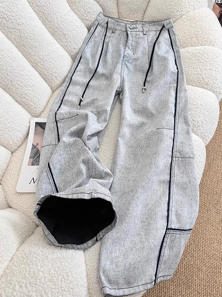

Cleanfit ey White Men's Denim Jeans Autumn Vintage Waed Stripe Patchwork Floor-Length Workwear Straight Leg Trousers