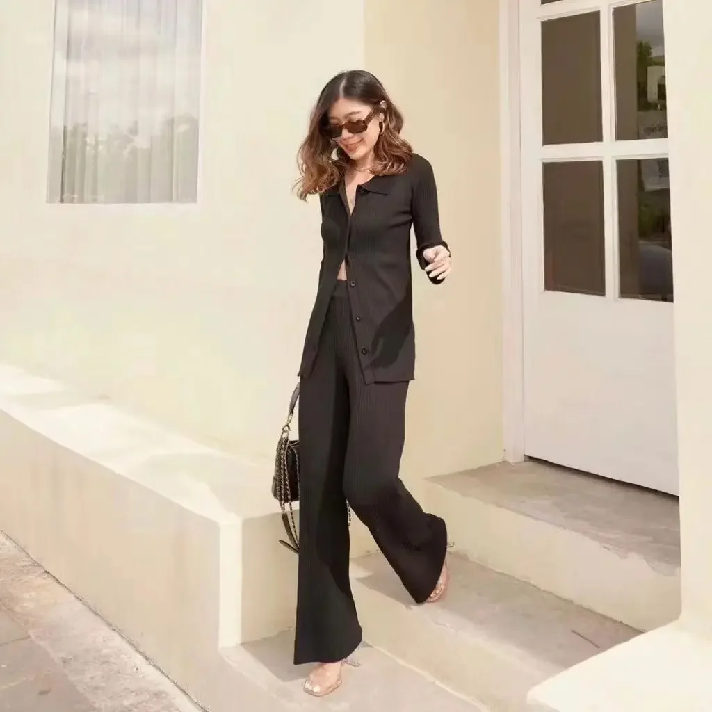 New Korean Fashion Two Piece Sets Womens Outfits Knitted Polo Collar Flare Sleeve Single Breasted Cardigan + Wide Leg Pants Suit