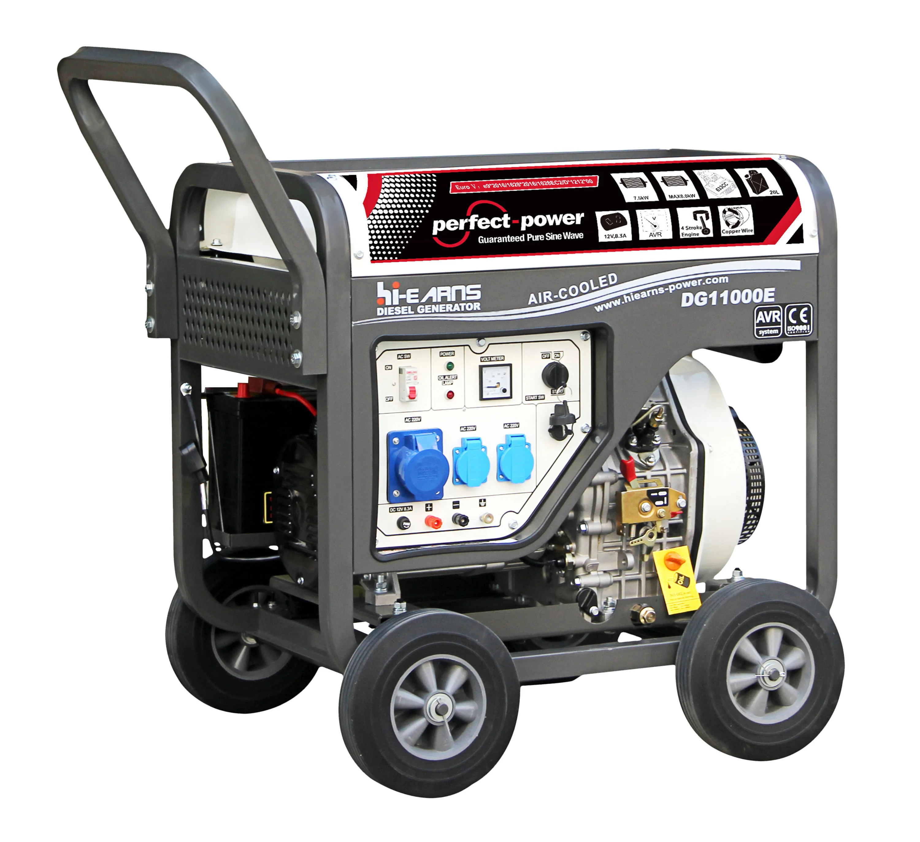 5kw 220V 50Hz Single Phase Diesel Generator DG11000E Open Frame Design With U-Shaped Armrests 4 10-Inch Wheels 20L Fuel Tank