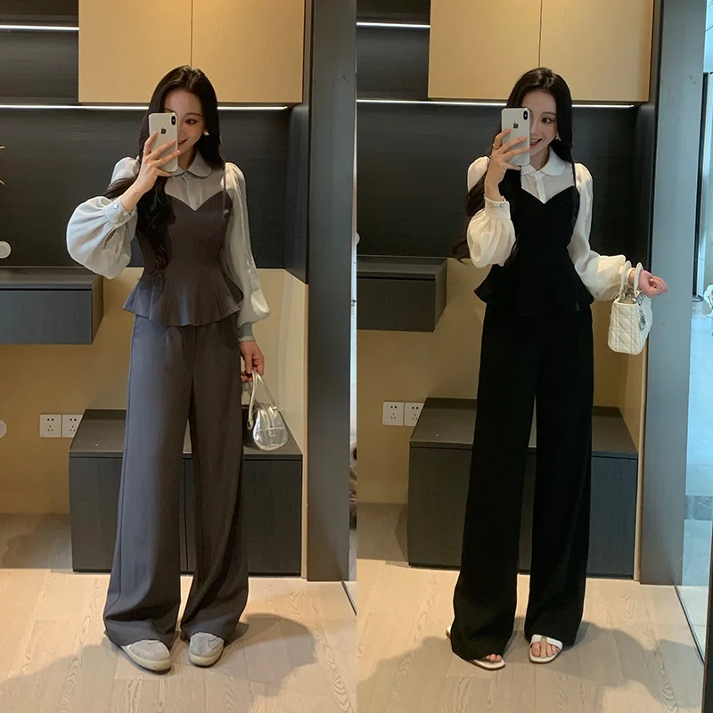 

Spring Doll Collar Silk Shirt And Overalls Slimming Elegant Women's Set High Waist Long Pants Casual Style Long Sleeve