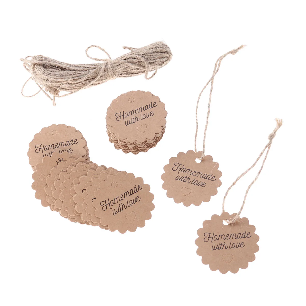 100pcs Kraft Paper Tags with Strings Gift Favors Baking Food Package Tags Hanging Labels (Circle, 5x5cm)