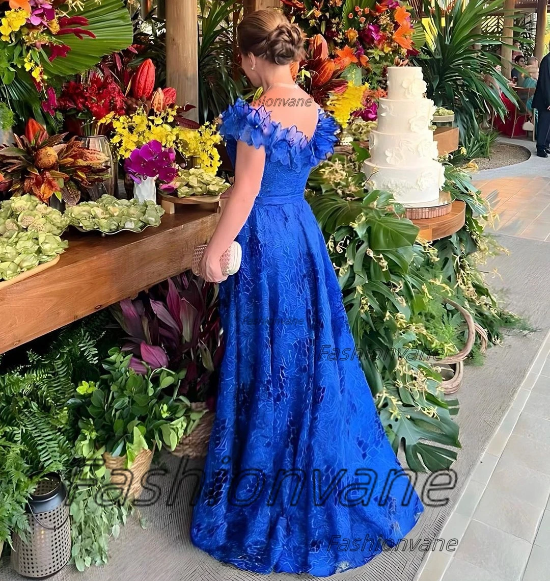 Fashionvane Royal Blue Lace A Line Prom Dresses Ruffles Bateau Neck Zipper Back Wedding Party Mother of the Bride Groom Dress