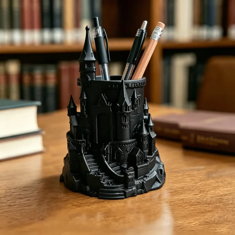Medieval Castle Sculpture Pen Cup,3D Printed Dark Fort Stationery Holder,Tabletop Decor Ornament For Study Room Desk Storage