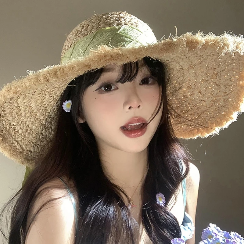 Handmade Weaving Straw Hat for Teens Hand Weaving Beach Hat Holiday Traveling Spring Sun Hat with Bowknot Decors