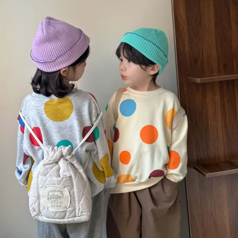 Spring Autumn Boys and girls colorful dot Hoodies unisex Kids soft loose O-Neck sweatshirts children Tops