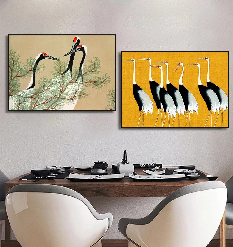 Vintage Japanese Style Yellow Crane Flying Birds Flower Sun Art Posters Canvas Painting Wall Prints Pictures Room Home Decor