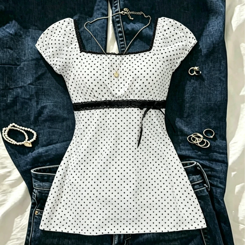 2026 French Retro Black And White Polka Dot Top with Square Collar Bubble Sleeves Waist Cinched for Sweet Girl Style Short Sleev
