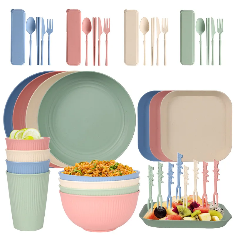 

44pcs lot Natural Wheat Straw Tableware Dinnerware Sets Biodegradable Unbreakable Plates Bowls Cups Lightweight for Kitchen