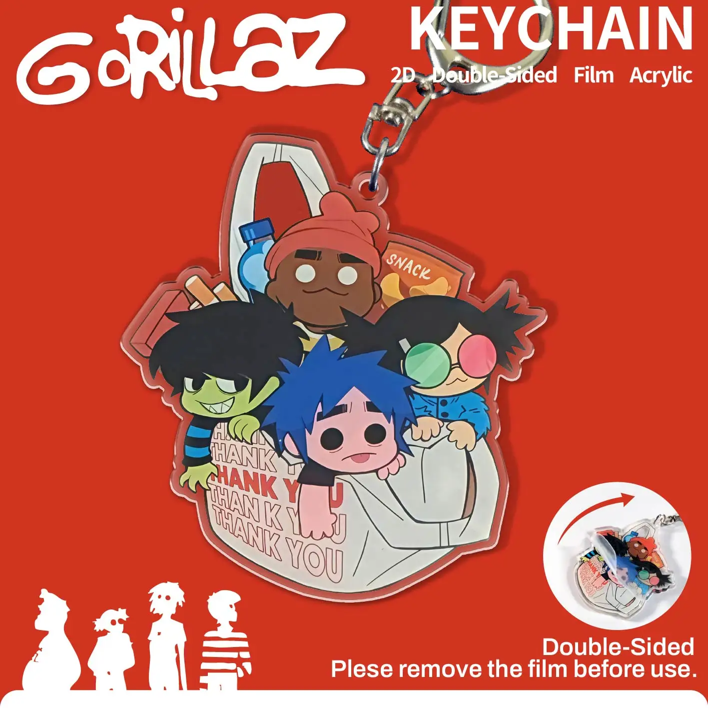 Gorillaz Thank You Shopping Bag Acrylic Keychain, 2D Murdoc Russel Noodle ChibiCartoon Charm, Double Sided Printed Virtual Band