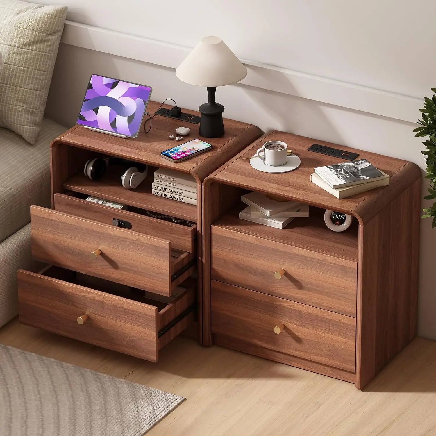 Set of 2 Nightstands with Charging Station, Mid Century Modern Nightstand with Drawers, Night Stand Hidden Drawer, Customized