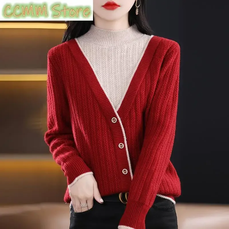 New Autumn Winter Half High Neck Sweater Women Contrast Button Korean Simple Loose Splice Fake Two Piece Long Sleeve Tops