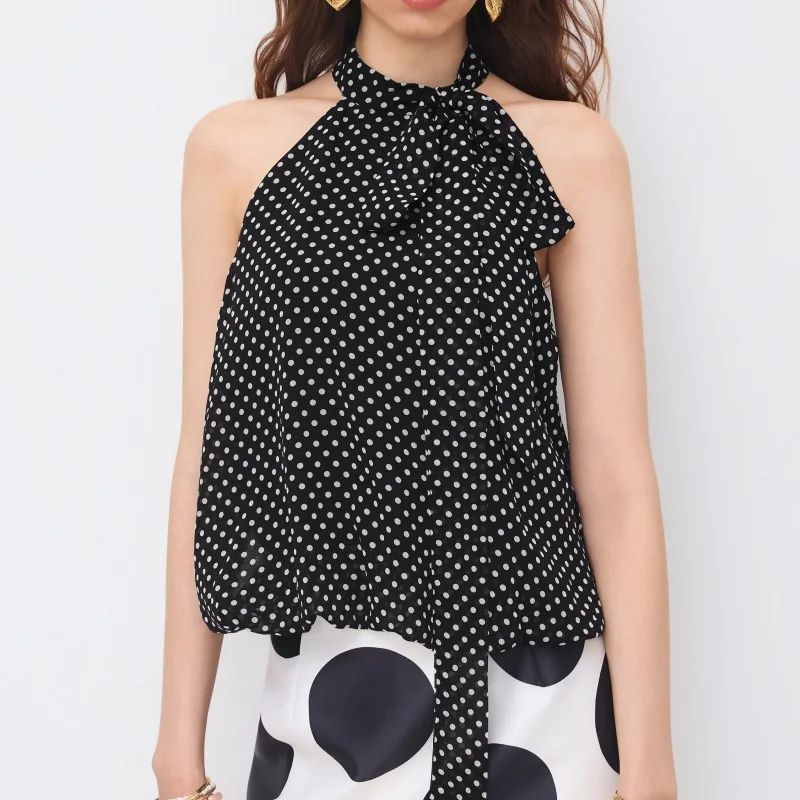 

Womens Polka Dot Halter Neck Tank Tops With Bow Decoration Casual Slim Sleeveless Crop Tops 2025 Summer Vests