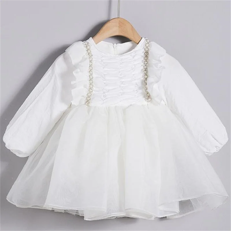 

new baby long-sleeved casual dress white beaded aline mesh dress for girls