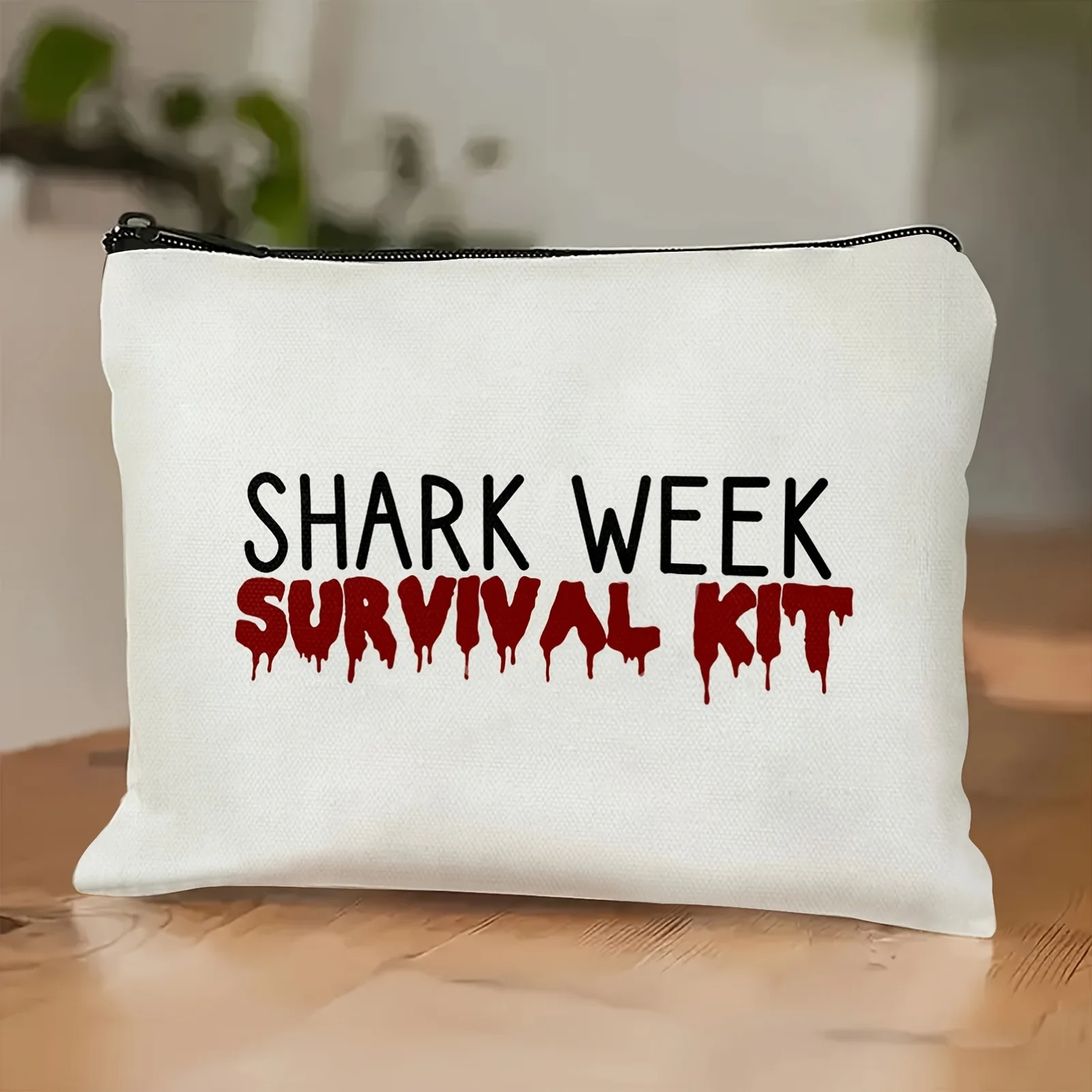 

A White Cosmetic Bag With Red Shark Pattern - Cute Multifunctional Zipper Bag For Women, Jewelry Storage Bag