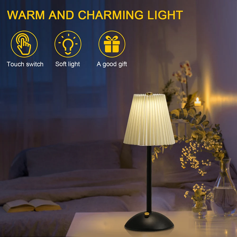 Pleated Shade Atmosphere Light with Metal Base Nordic Decorative Light Rechargeable 3 Colors Dimmable for Living Room Bedroom