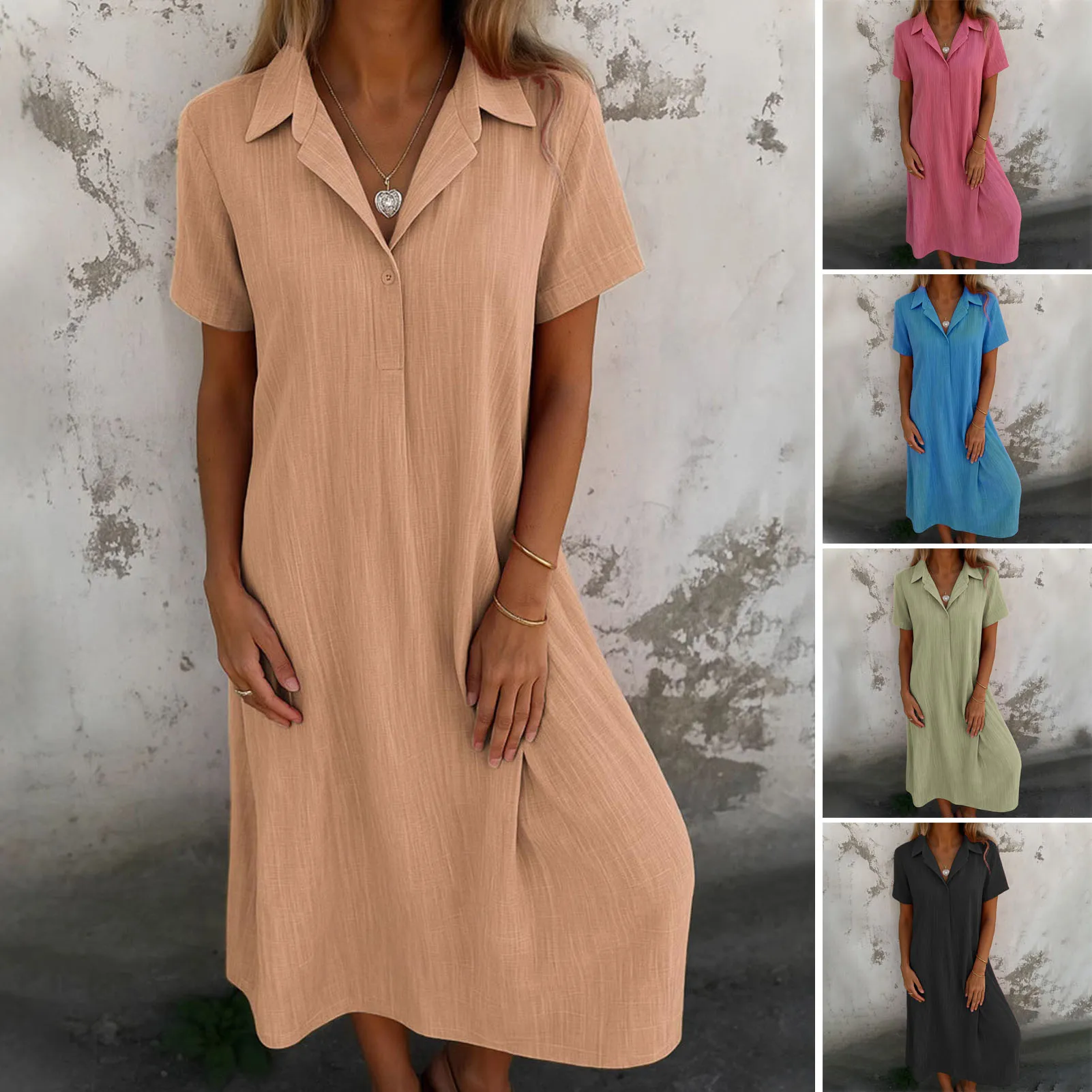 여성용 루즈핏 코튼 린넨 V넥 셔츠, 중간 길이, 원피스 캐주얼, 우아한 롱 드레스, 2024