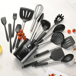 15Pcs Black Silicone Kitchen Utensils Set Non-Stick Cookware Stainless Steel Handle Spatula Egg Beaters Kitchenware Accessories