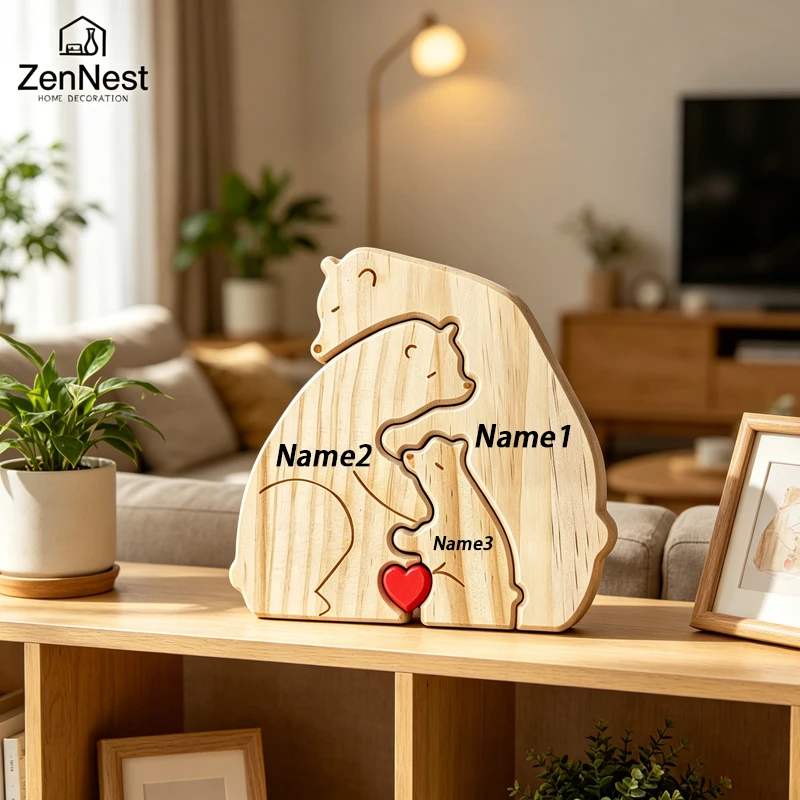 Wooden Puzzle Personalized Customized Bear Family Warm Birthday Gift Solid Wood Ornament Laser Engraving Home Decoration