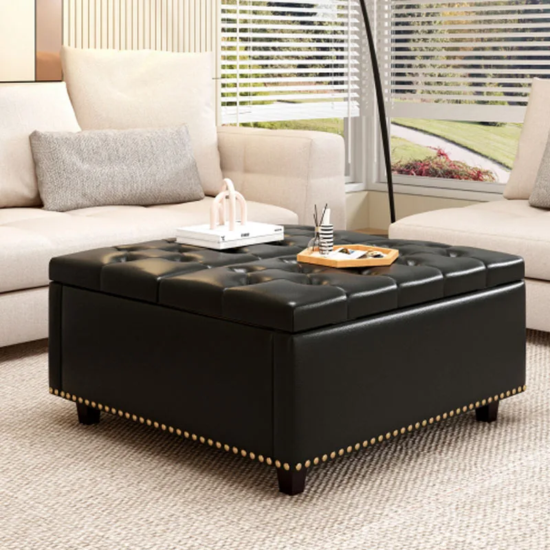 Large square storage stool with two storage doors, footstool for living room Studded mid-century modern coffee table, black PU l